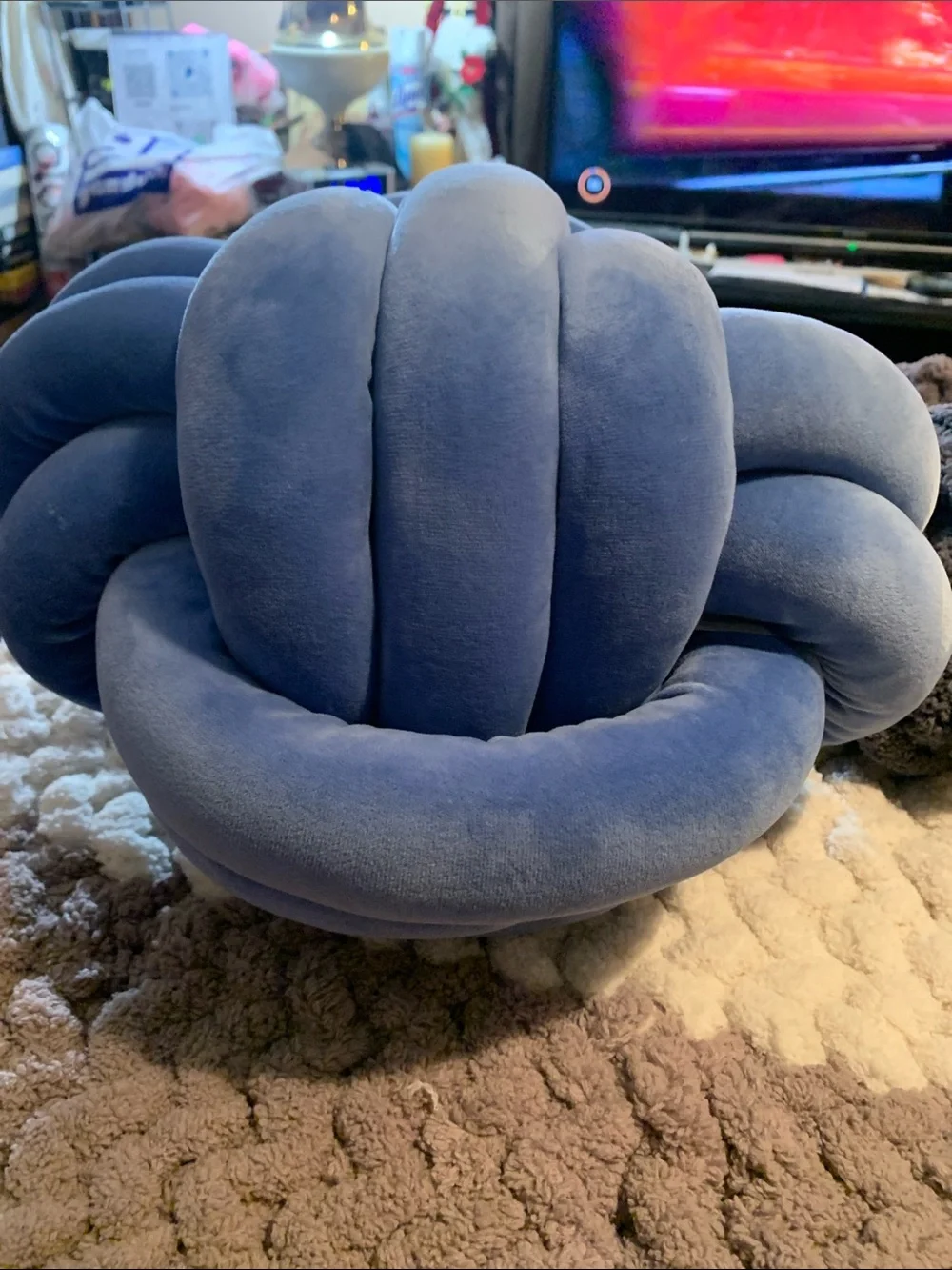 Handmade Plush Knot Accent Pillow in Dusty Blue